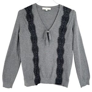 LOFT Womens V-Neck Thin Sweater Gray Black Lace Tie Front Cotton Blend M